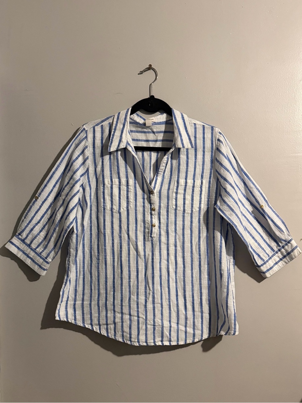 Westport Blue White Silver Metallic Stripe Roll Tab Sleeves Cotton Henley Blouse